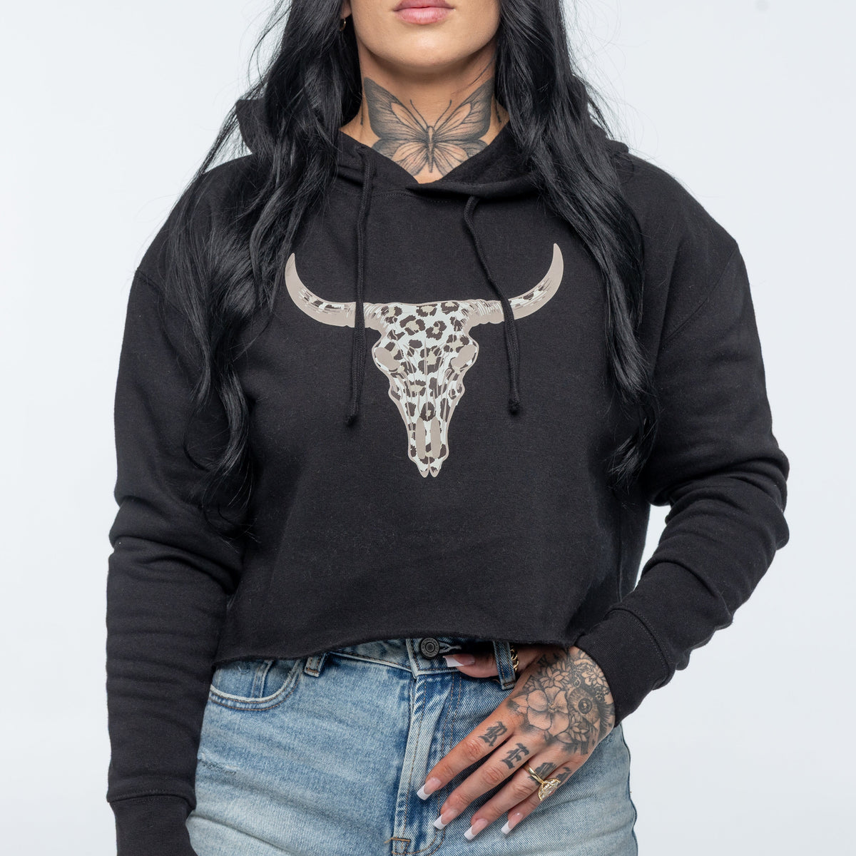 Black Crop Hoodie - Leopard Bull Skull