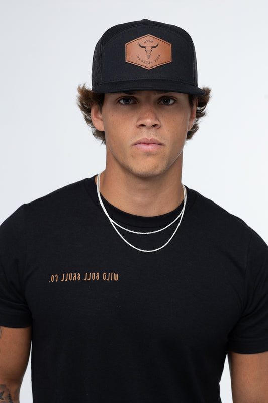 Black Richardson 7-Panel Laser-Engraved Rawhide Leatherette Patch Hat