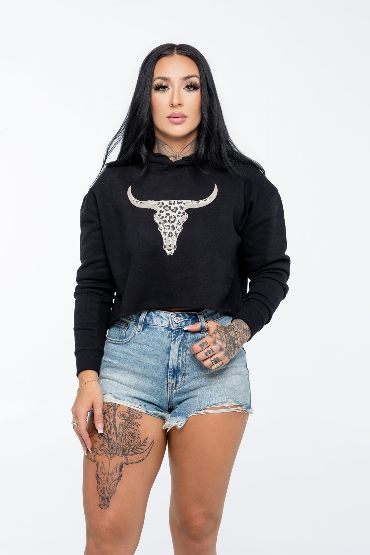 Black Crop Hoodie - Leopard Bull Skull