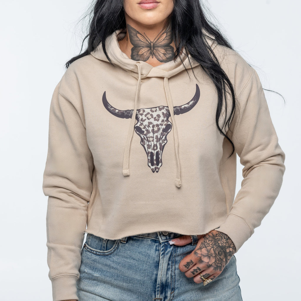 Ivory Crop Hoodie - Leopard Bull Skull