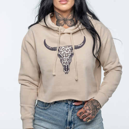 Ivory Crop Hoodie - Leopard Bull Skull