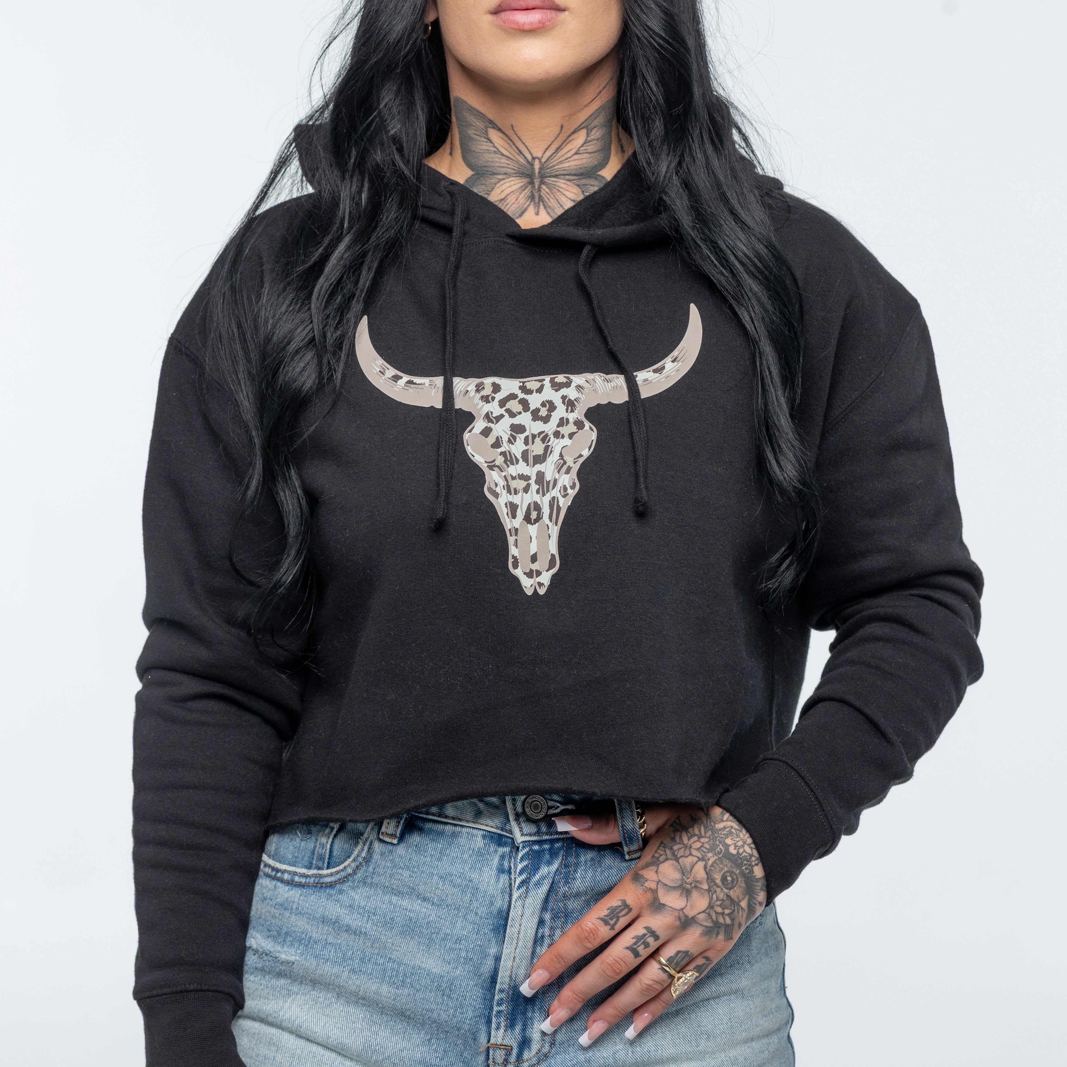 Black Crop Hoodie - Leopard Bull Skull