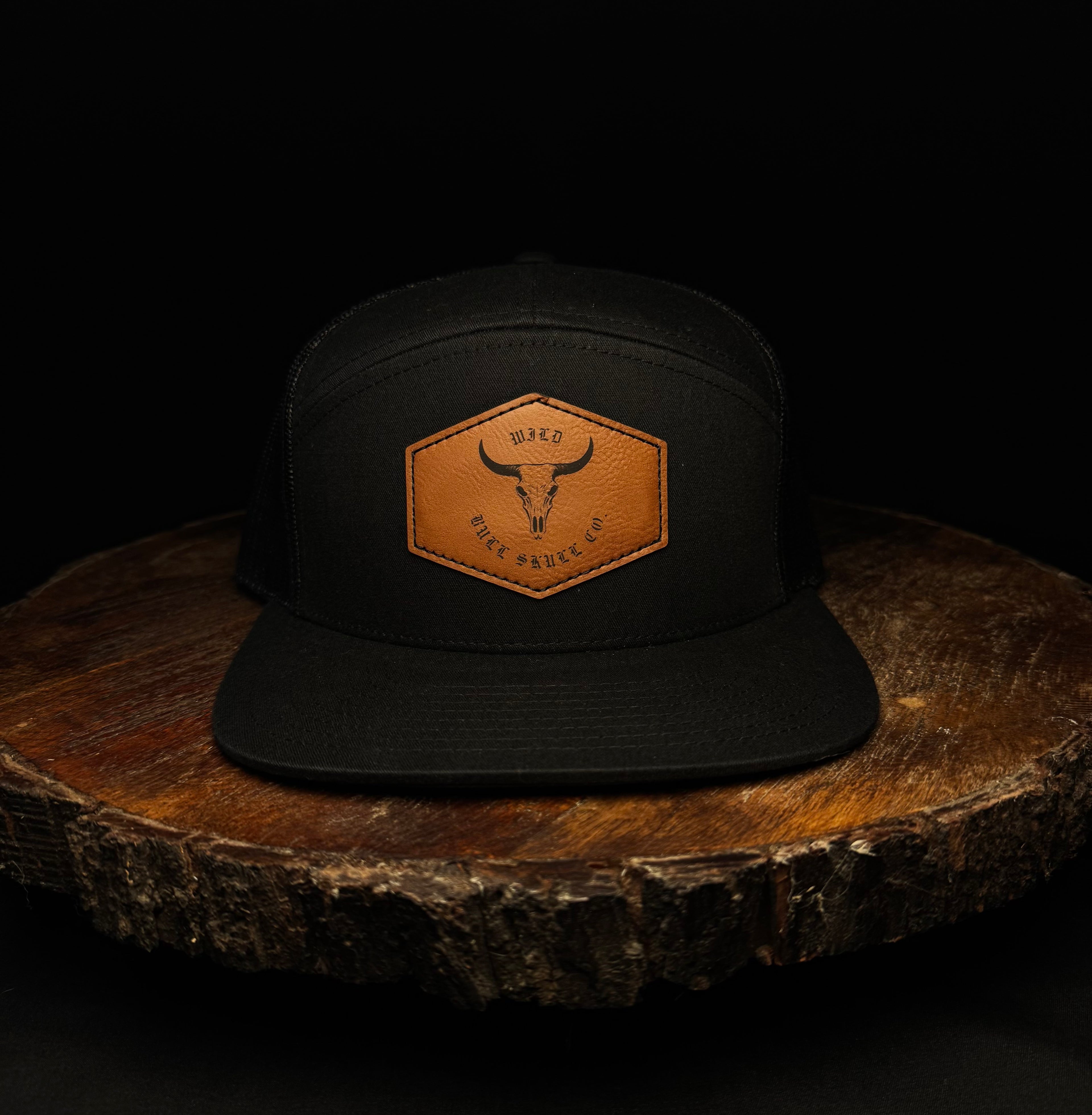 Black Richardson 7-Panel Laser-Engraved Rawhide Leatherette Patch Hat