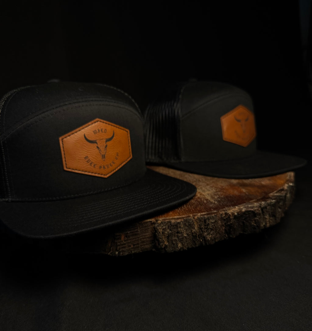 Black Richardson 6-Panel Laser-Engraved Rawhide Leatherette Patch Hat