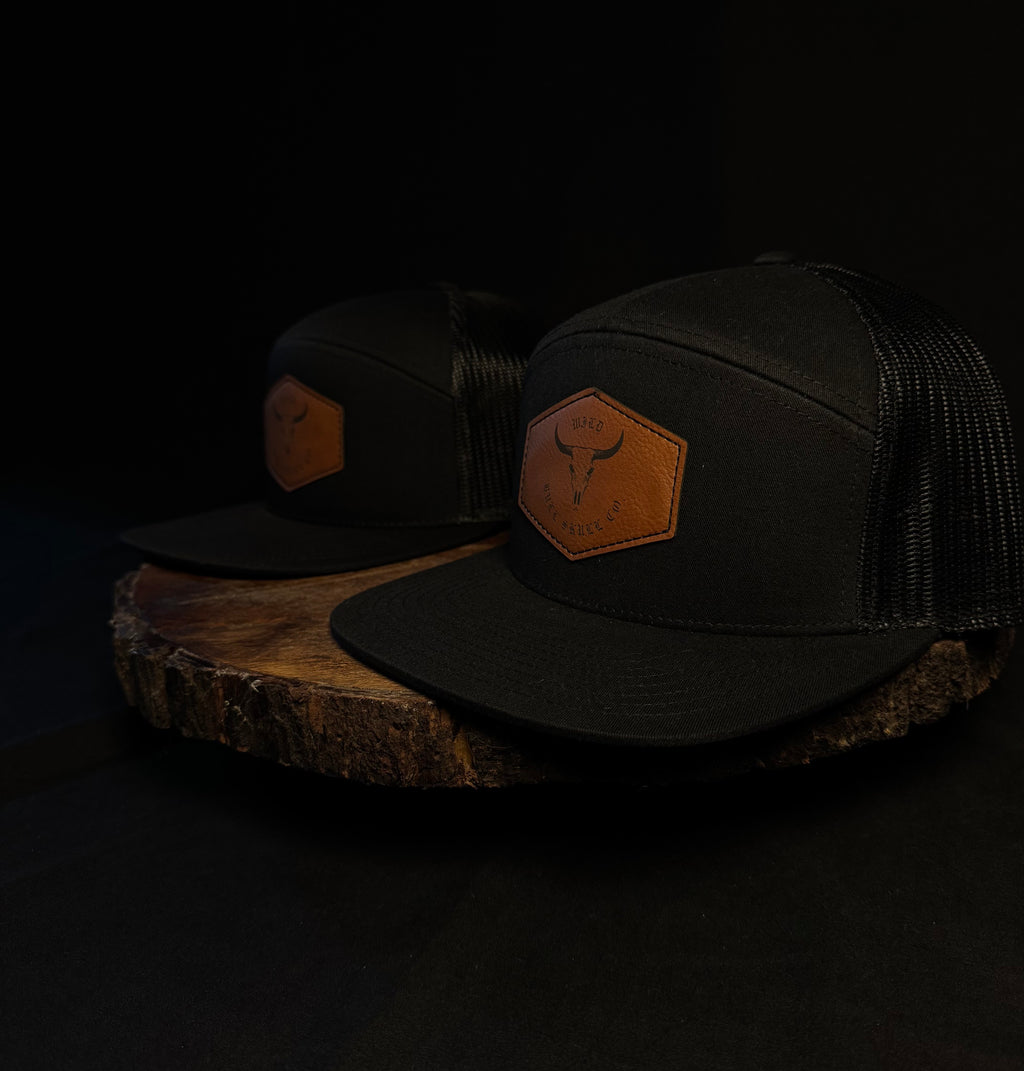 Black Richardson 7-Panel Laser-Engraved Rawhide Leatherette Patch Hat