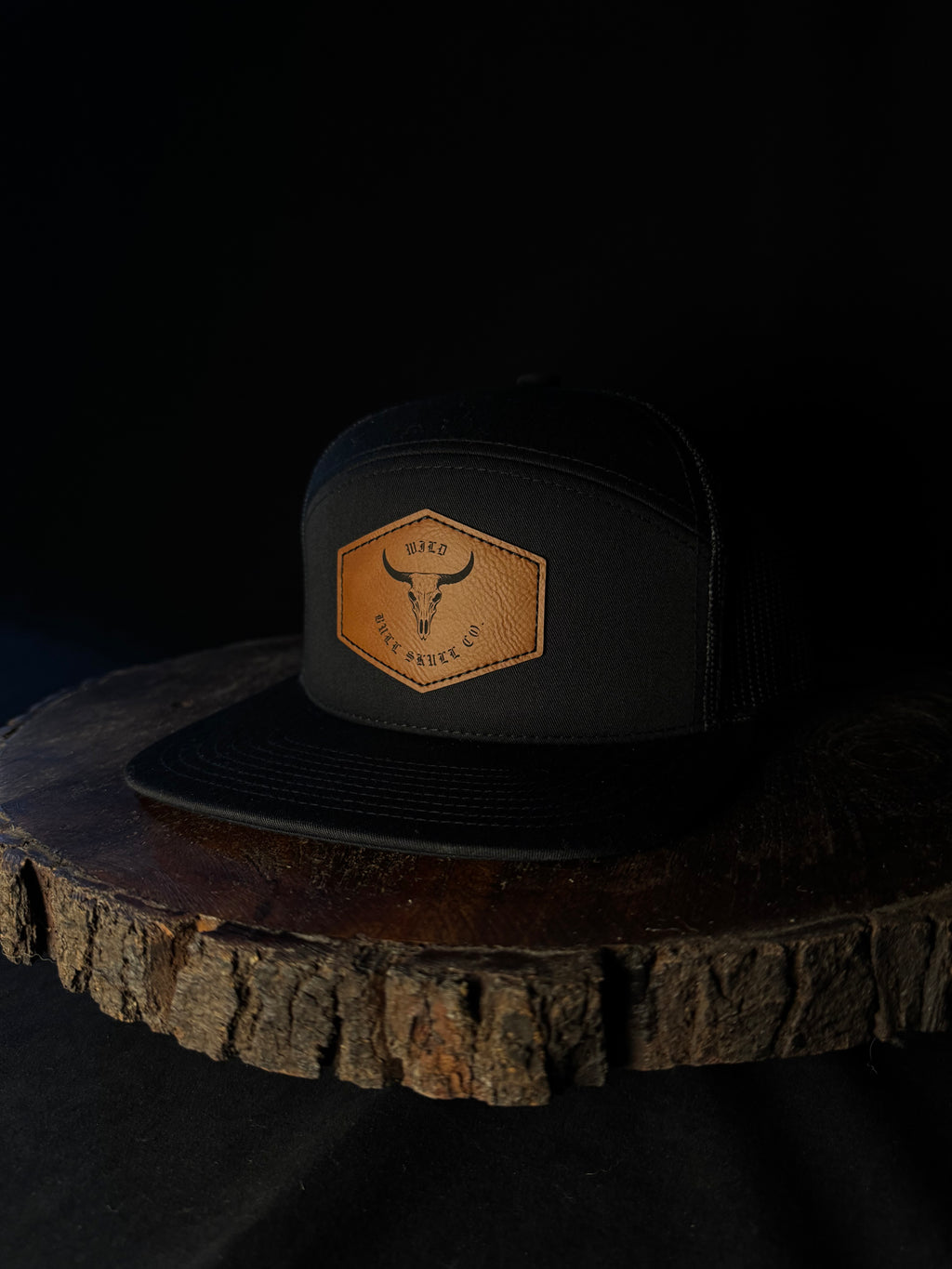 Black Richardson 6-Panel Laser-Engraved Rawhide Leatherette Patch Hat