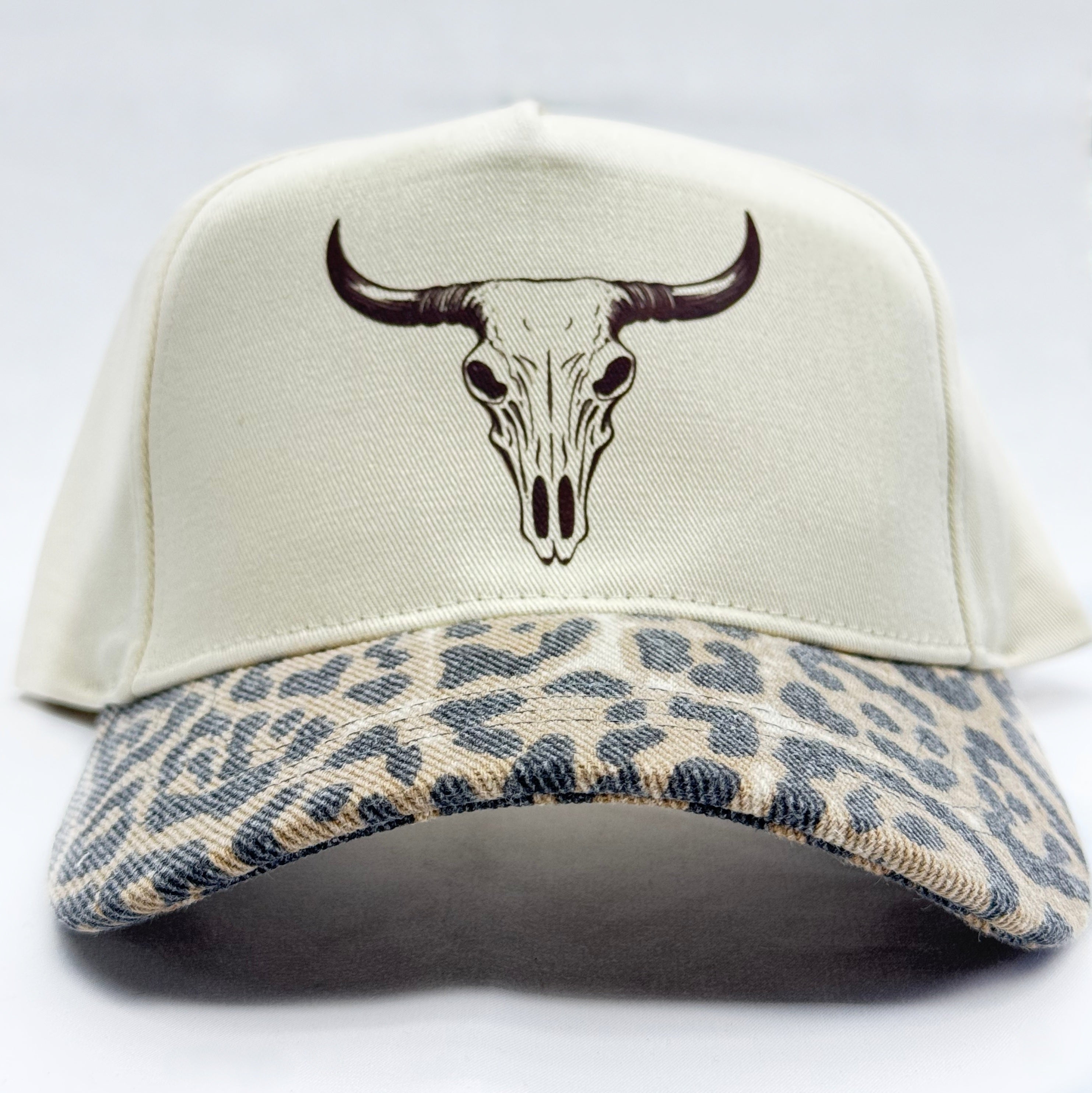 Cream & Leopard Washed 5 panel Trucker Hat